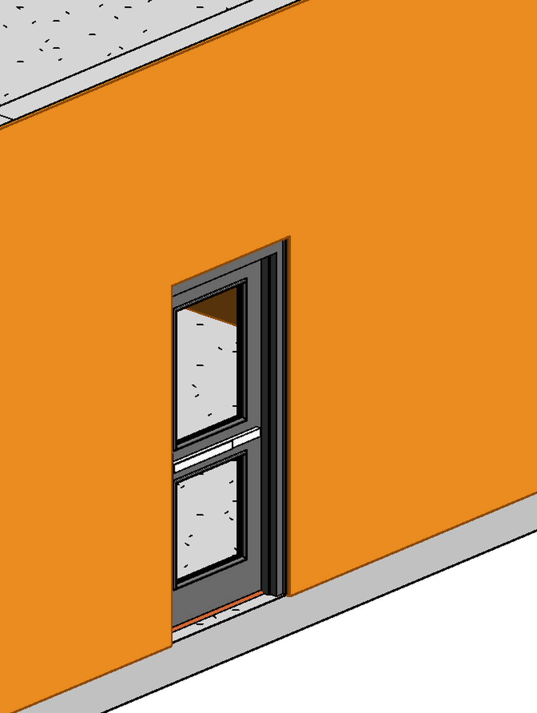 Exterior 3D detail showing facade plaster stopping cleanly at a window frame