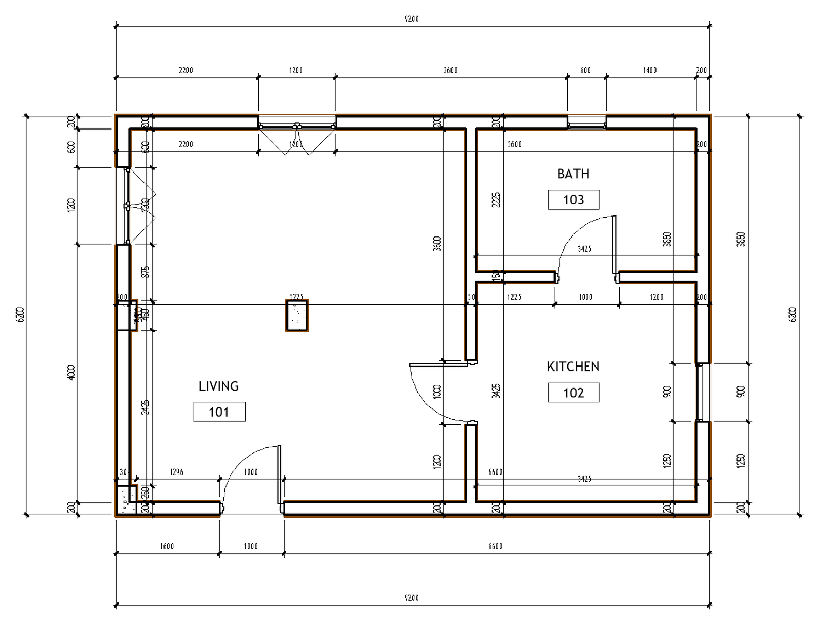 Revit floor plan with interior and exterior dimension chains added by SivaTools, showing real dimension values