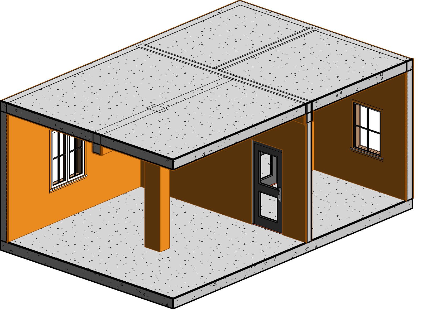 Interior 3D view of the model after generation, showing wall, column, beam and ceiling plaster